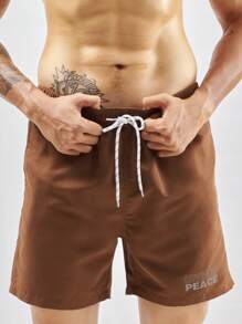 Manfinity Hombres Shorts de natación con estampado de letra de cintura con cordón - Café integral - Ver 6