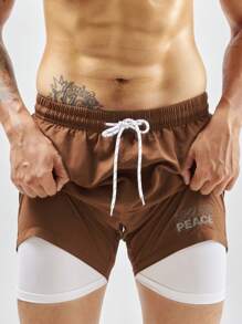 Manfinity Hombres Shorts de natación con estampado de letra de cintura con cordón - Café integral - Ver 8