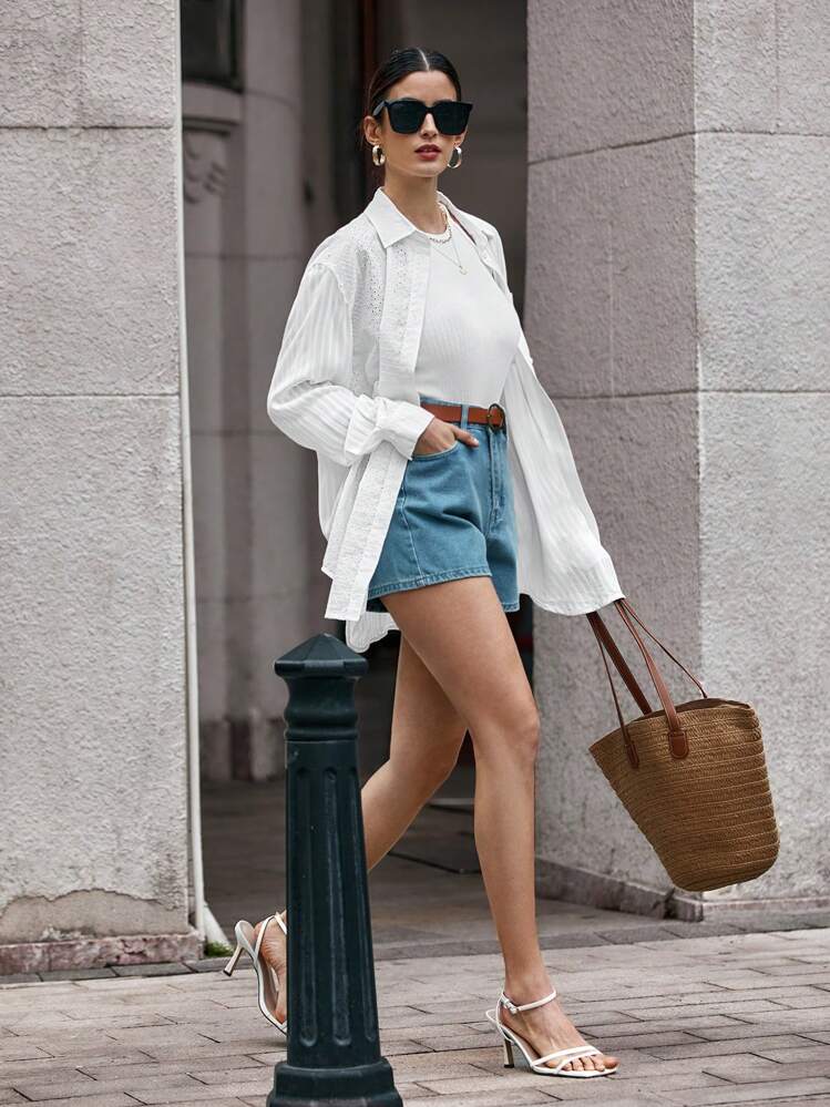 SHEIN Frenchy Camisa con bordado con ojal de hombros caídos - Blanco - Añade 1