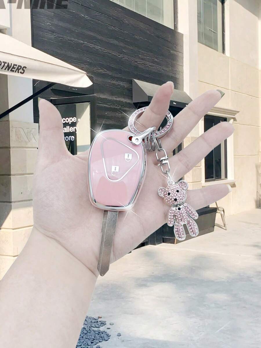 1套車鑰匙殼和熊吊墜和鑰匙圈與Renault兼容 - 粉色 - 查看 1