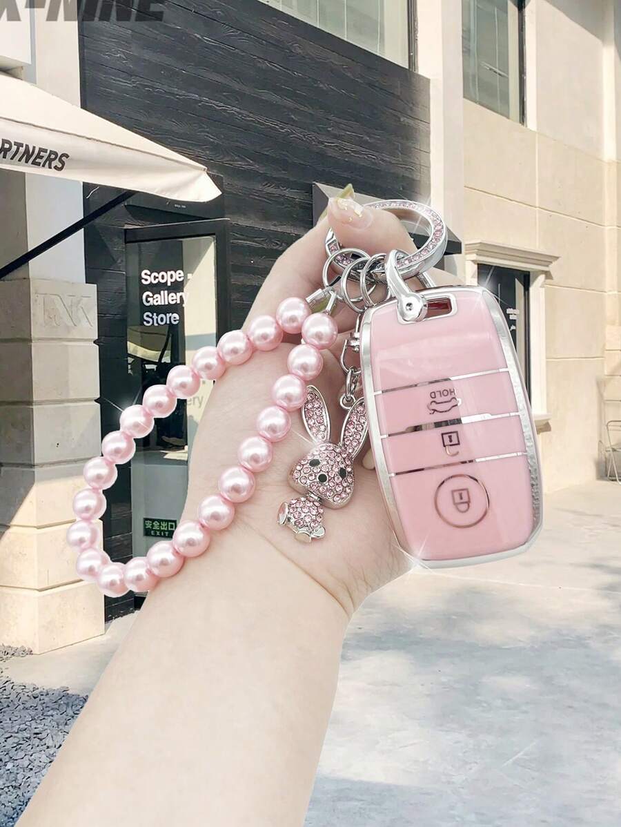 1 set Funda de llave de coche & conejo colgante & Llavero compatible con KIA - Rosa - Ver 1