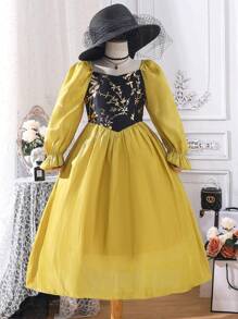 SHEIN Girls Floral Print Flounce Sleeve Dress - Mustard Yellow - View 1