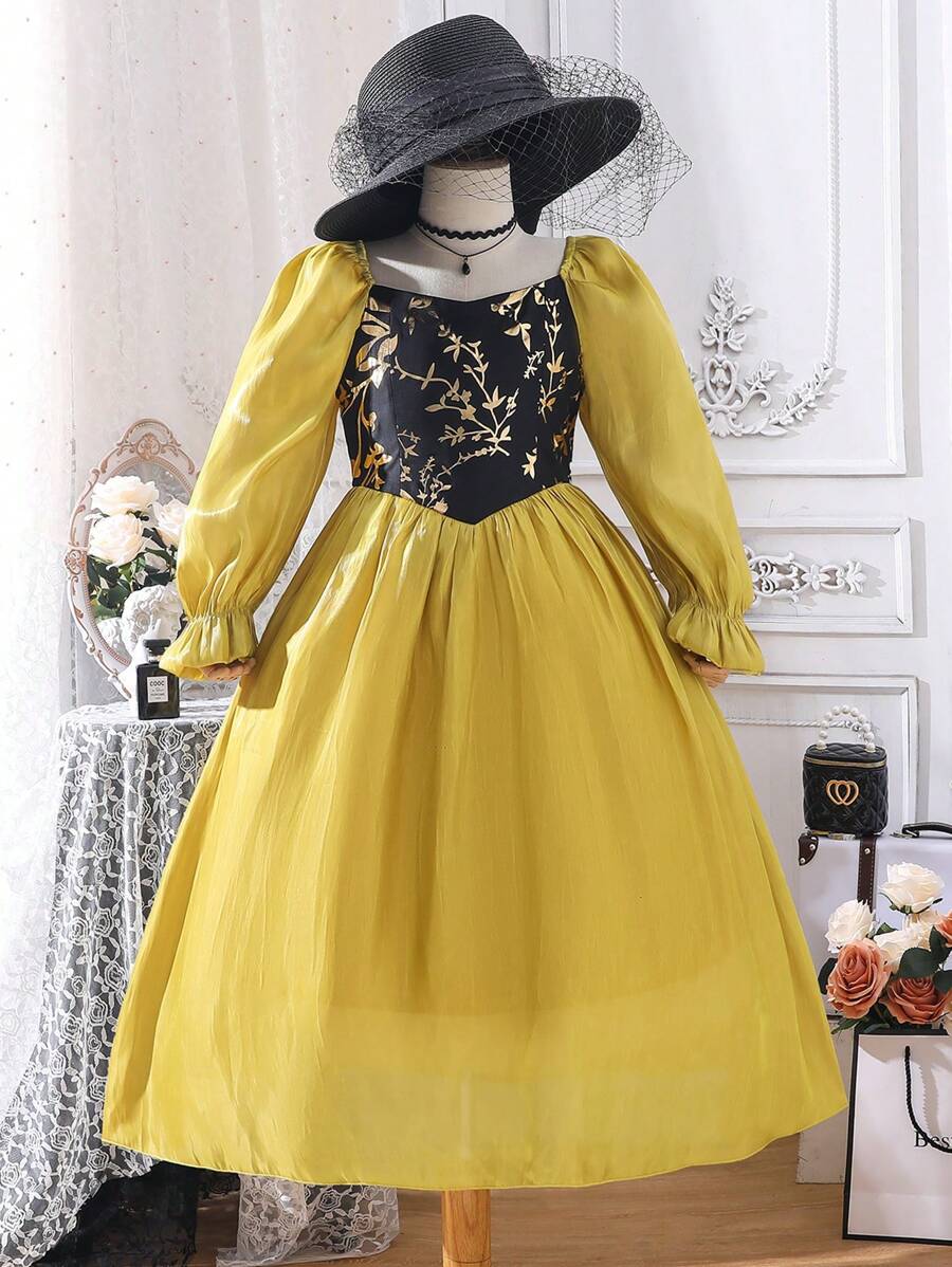 SHEIN Girls Floral Print Flounce Sleeve Dress - Mustard Yellow - View 1