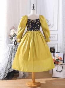 SHEIN Girls Floral Print Flounce Sleeve Dress - Mustard Yellow - View 2