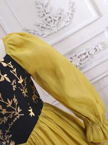 SHEIN Girls Floral Print Flounce Sleeve Dress - Mustard Yellow - View 3