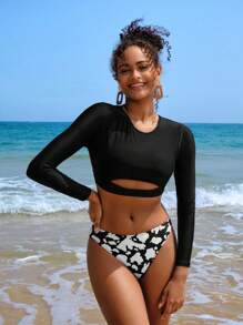 SHEIN Swim Bộ Bikini Nữ Cắt ra Đồ họa - Đen và trắng - Xem 7