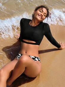 SHEIN Swim Bộ Bikini Nữ Cắt ra Đồ họa - Đen và trắng - Xem 1