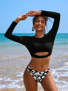 SHEIN Swim Bộ Bikini Nữ Cắt ra Đồ họa - Đen và trắng - Xem 6