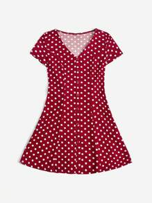 SHEIN Essnce Đầm Nút phía trước Chấm bi Giải trí - Màu Đỏ Sâu - Xem 3