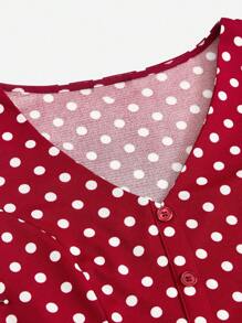 SHEIN Essnce Đầm Nút phía trước Chấm bi Giải trí - Màu Đỏ Sâu - Xem 5