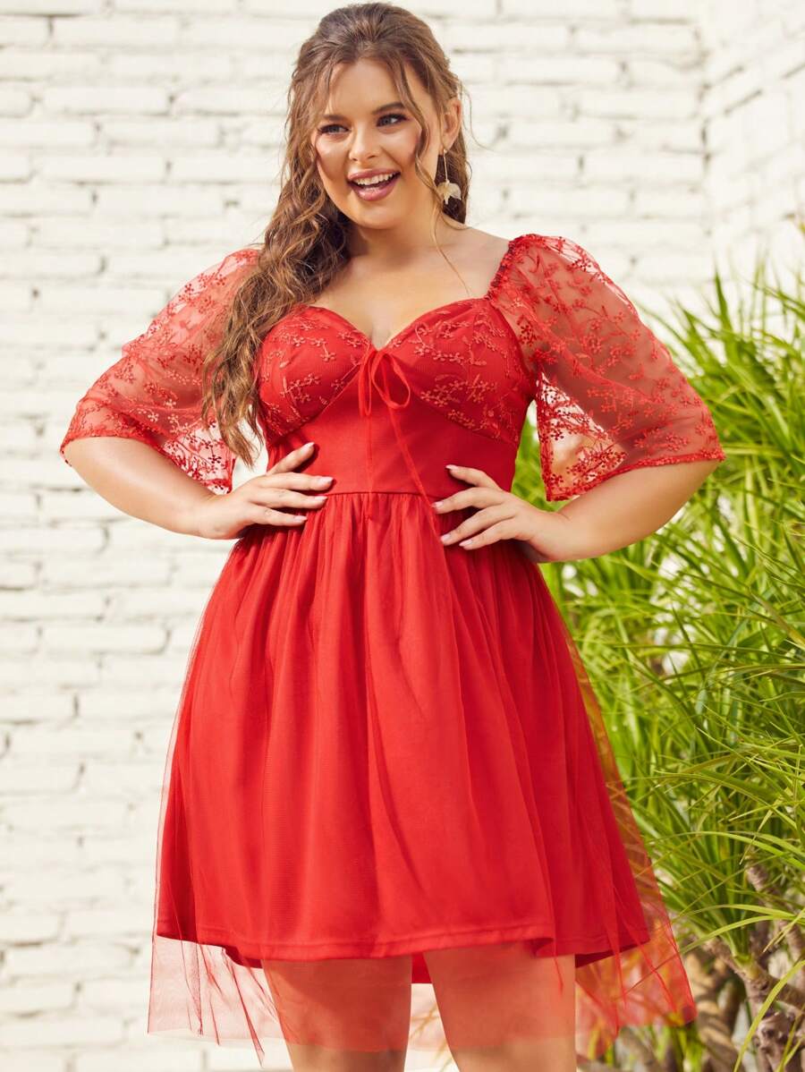 S BETRO Đầm Plus Size Tương phản Mesh Dây kéo Thắt nơ trước màu trơn Giải trí - Đỏ - Xem 1