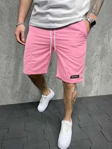 Manfinity Homme 寬鬆男裝字母拼接細節彈性腰短褲,帶束帶 - 粉色 - 查看 1