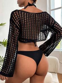 SHEIN Swim Summer Beach Hollow Out Crochet Cover Up Top