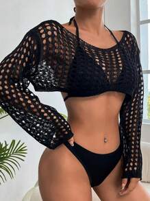 SHEIN Swim Summer Beach Hollow Out Crochet Cover Up Top