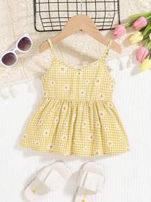 SHEIN 小女童1入組花卉和格子印花荷葉擺吊帶上衣 - 黃色 - 查看 1