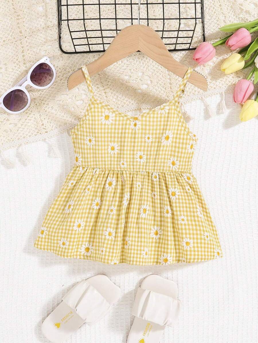 SHEIN 小女童1入組花卉和格子印花荷葉擺吊帶上衣 - 黃色 - 查看 1