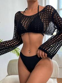 SHEIN Swim Summer Beach Hollow Out Crochet Cover Up Top