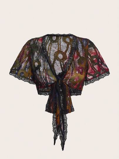 Crop Top mit durchgehendem Grunge Print und Knoten vorne