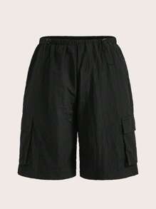 SHEIN EZwear Quần đùi nữ Dây kéo Túi màu trơn Giải trí - màu đen - Xem 1