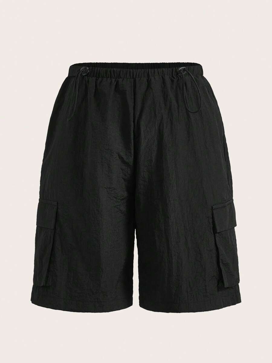 SHEIN EZwear Quần đùi nữ Dây kéo Túi màu trơn Giải trí - màu đen - Xem 1