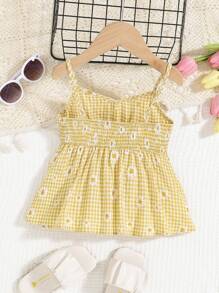 SHEIN 小女童1入組花卉和格子印花荷葉擺吊帶上衣 - 黃色 - 查看 2