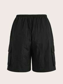 SHEIN EZwear Quần đùi nữ Dây kéo Túi màu trơn Giải trí - màu đen - Xem 2