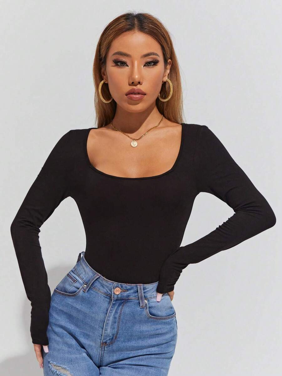 EURMUSE Square Neck Slim Tee - Black - View 1