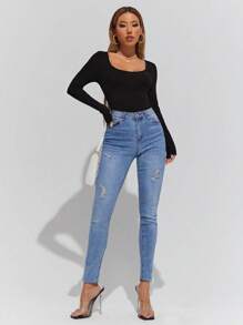 EURMUSE Square Neck Slim Tee - Black - View 3