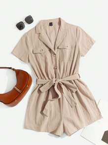 SHEIN EZwear Flap Pocket Belted Shirt Romper