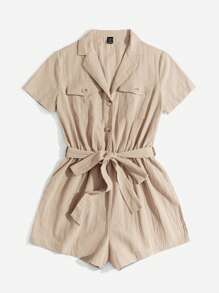 SHEIN EZwear Flap Pocket Belted Shirt Romper