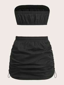 SHEIN EZwear 素色抹胸上衣和側抽繩半身裙 - 黑色 - 查看 2