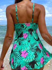 SHEIN Swim Tropical Print Tankini Summer Beach - Black - View 2