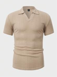 Manfinity Homme Áo thun có cổ Nam màu trơn Giải trí - Màu Khaki - Xem 3