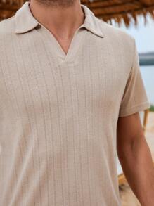 Manfinity Homme Áo thun có cổ Nam màu trơn Giải trí - Màu Khaki - Xem 4