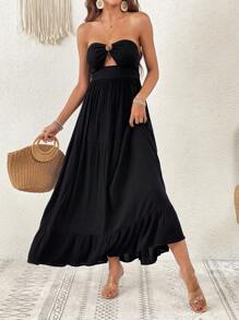 SHEIN VCAY Vestido tubo con abertura bajo con fruncido - Negro - Ver 1