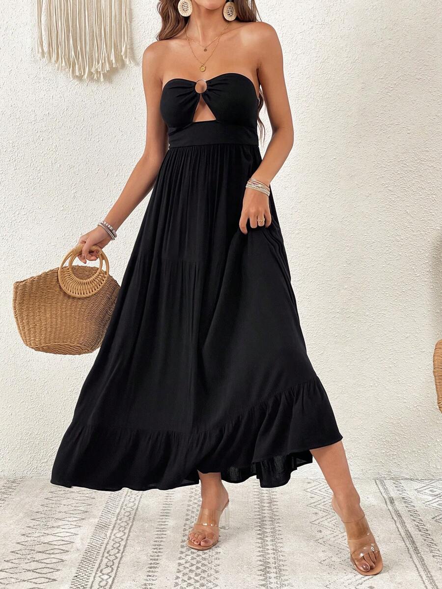 SHEIN VCAY Vestido tubo con abertura bajo con fruncido - Negro - Ver 1