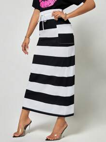 SHEIN Clasi Váy nữ Dây kéo Túi Khối Màu Giải trí - Đen và trắng - Xem 2