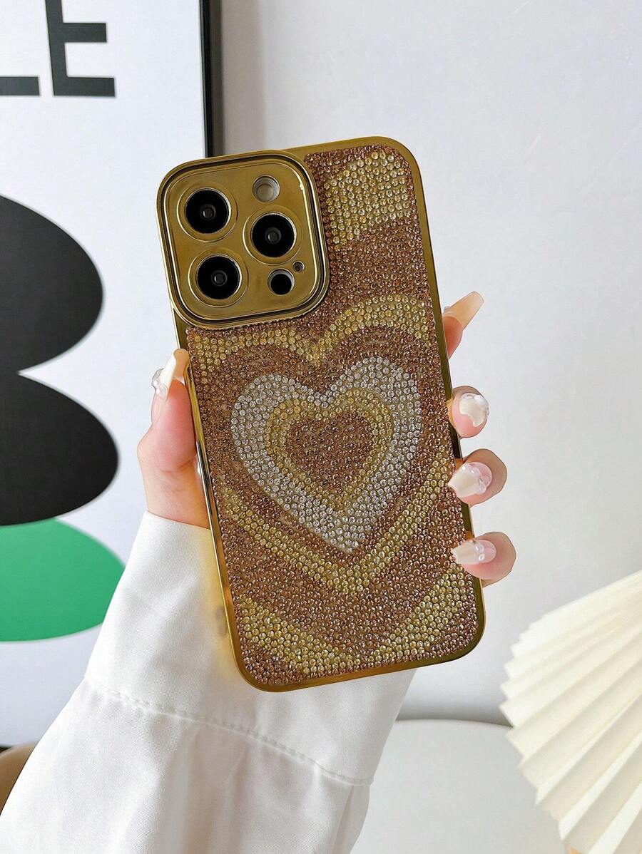 Vỏ điện thoại họa tiết trái tim trang trí bằng đá rhinestone - Vàng - Xem 1