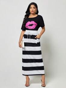 SHEIN Clasi Váy nữ Dây kéo Túi Khối Màu Giải trí - Đen và trắng - Xem 4