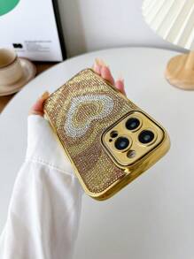 Vỏ điện thoại họa tiết trái tim trang trí bằng đá rhinestone - Vàng - Xem 4