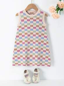 Toddler Girls Checker Pattern Tank Sweater Dress - Multicolor - View 1