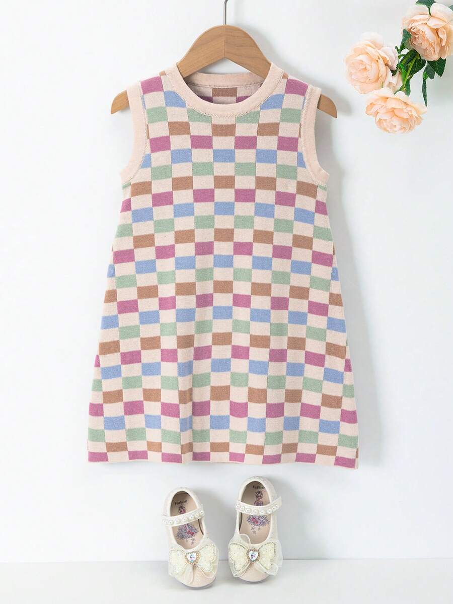 Toddler Girls Checker Pattern Tank Sweater Dress - Multicolor - View 1