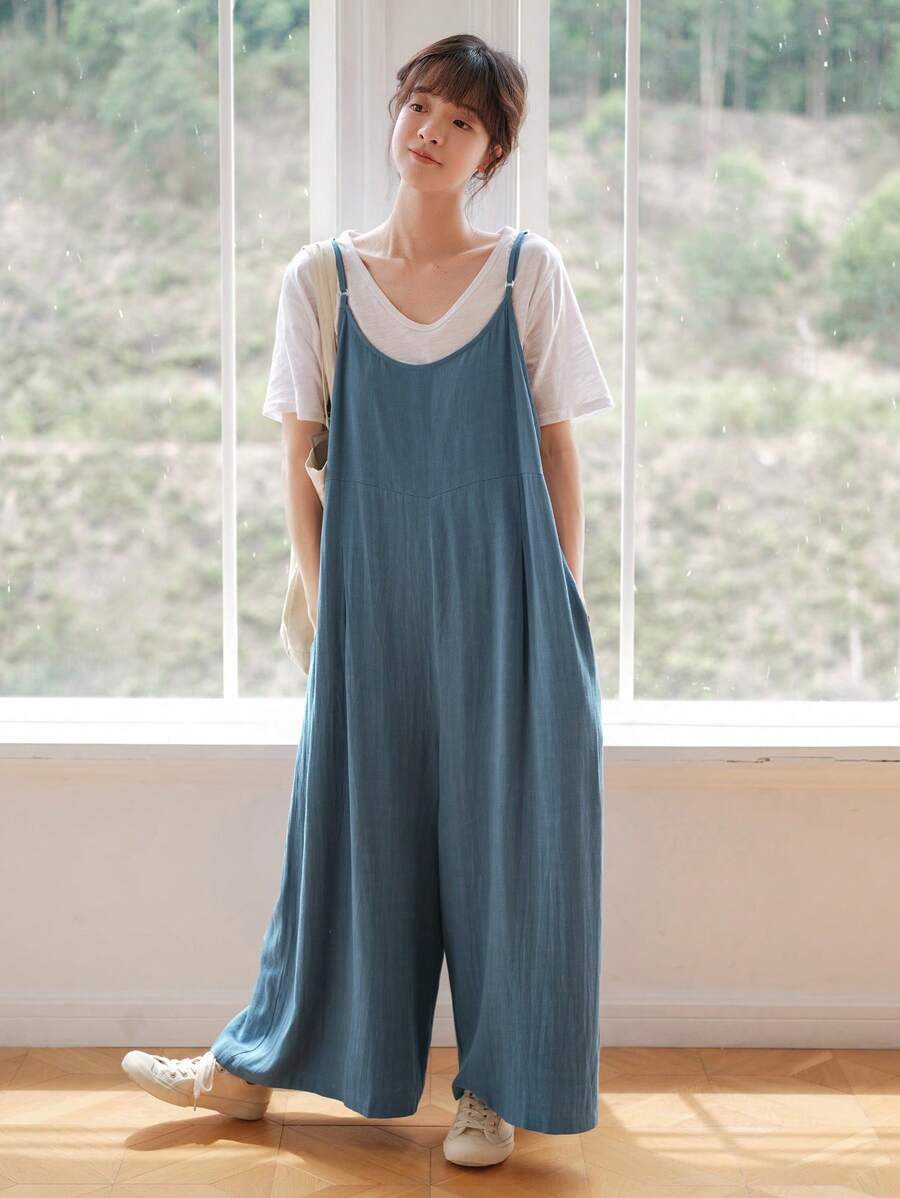 DAZY 素色闊腿吊帶連體褲不帶T恤 - 青碧色 - 查看 1