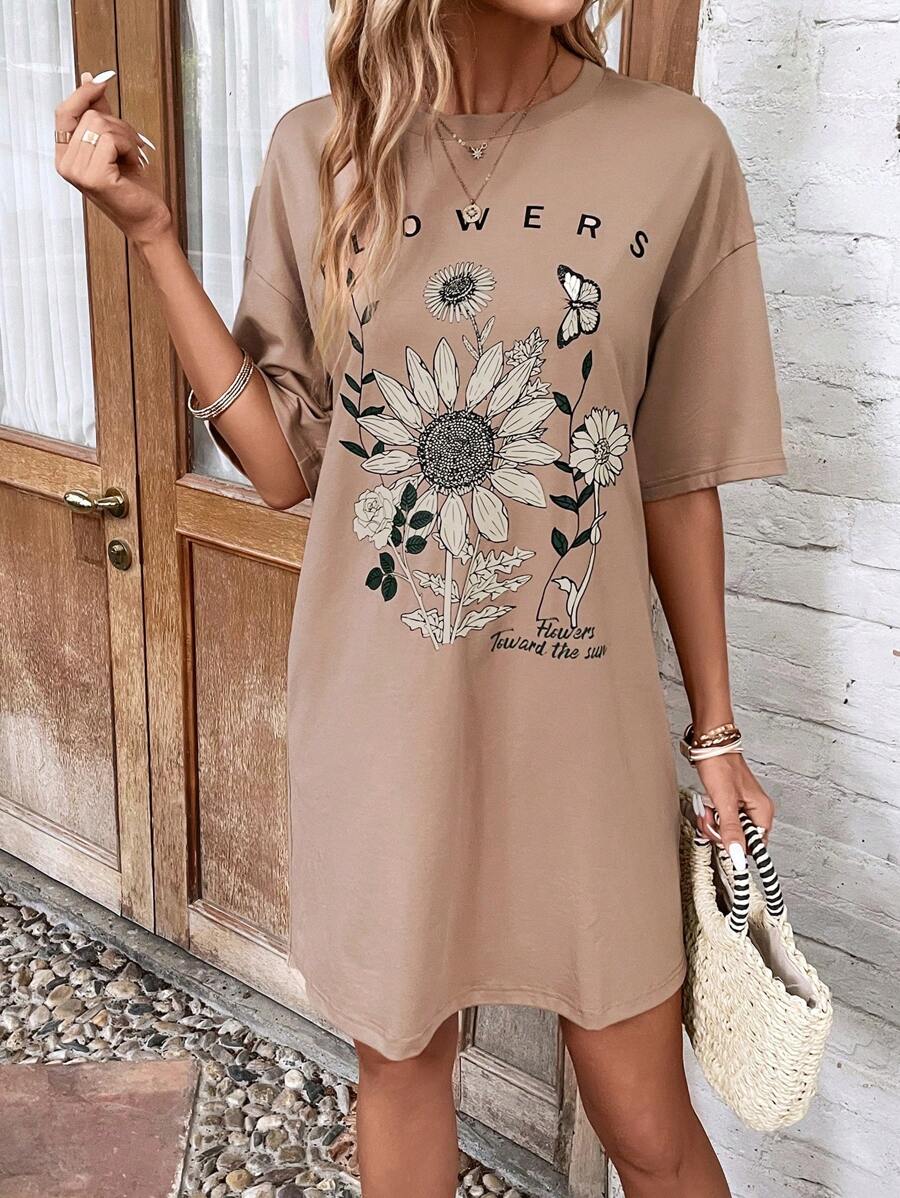 SHEIN LUNE Floral & Letter Graphic Drop Shoulder Tee Dress - Apricot - View 1