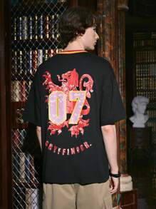 ROMWE MEN Harry Potter | ROMWE 男士條紋圖案字母圖案T恤 - 黑色 - 查看 1