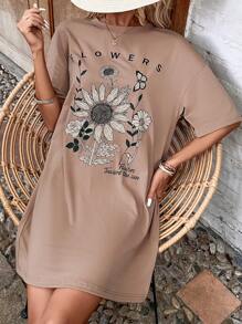 SHEIN LUNE Floral & Letter Graphic Drop Shoulder Tee Dress - Apricot - View 5