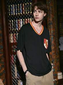 ROMWE MEN Harry Potter | ROMWE 男士條紋圖案字母圖案T恤 - 黑色 - 查看 3