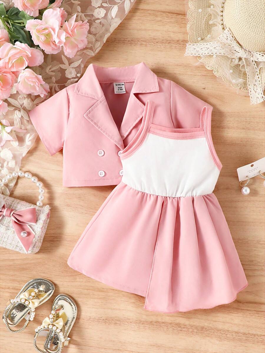 嬰兒雙排釦襯衫和吊帶連衣裙套裝 - 彩色 - 查看 1