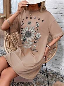 SHEIN LUNE Floral & Letter Graphic Drop Shoulder Tee Dress - Apricot - View 7