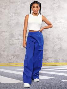 SHEIN Leap Crew Chicas adolescentes unicolor Top tank & con bolsillo con solapa Pantalones cargo - Azul y blanco - Ver 4